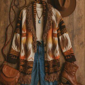 New Aztec Western Native Knit Oversized Sweater Cardigan Womens